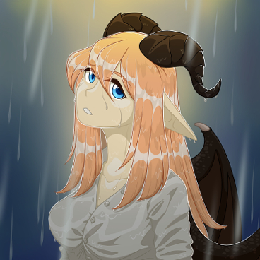 A girl with horns and wings standing in the rain