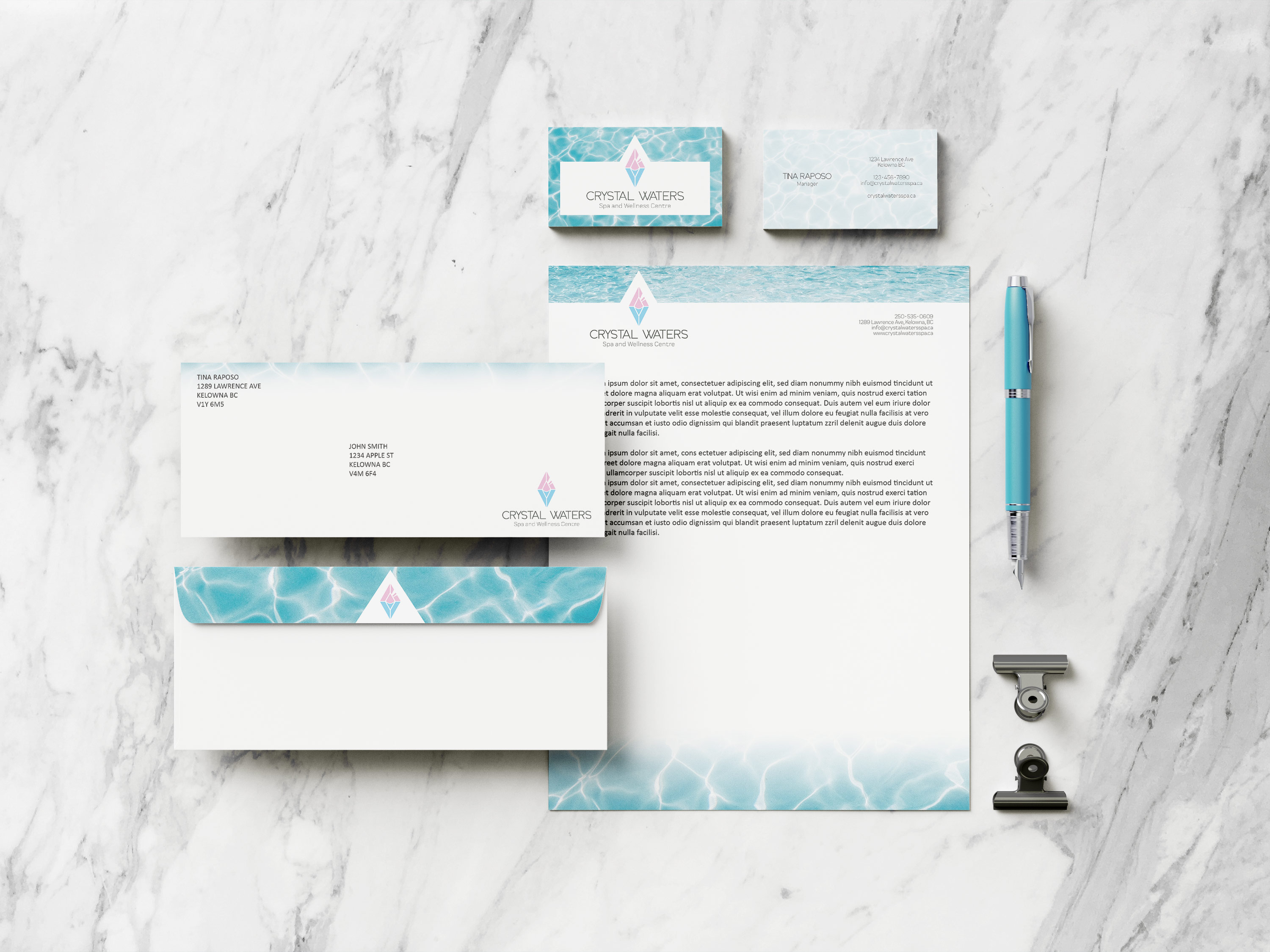 Crystal Waters Spa branding mocked up on a letterhead, envelope and business card