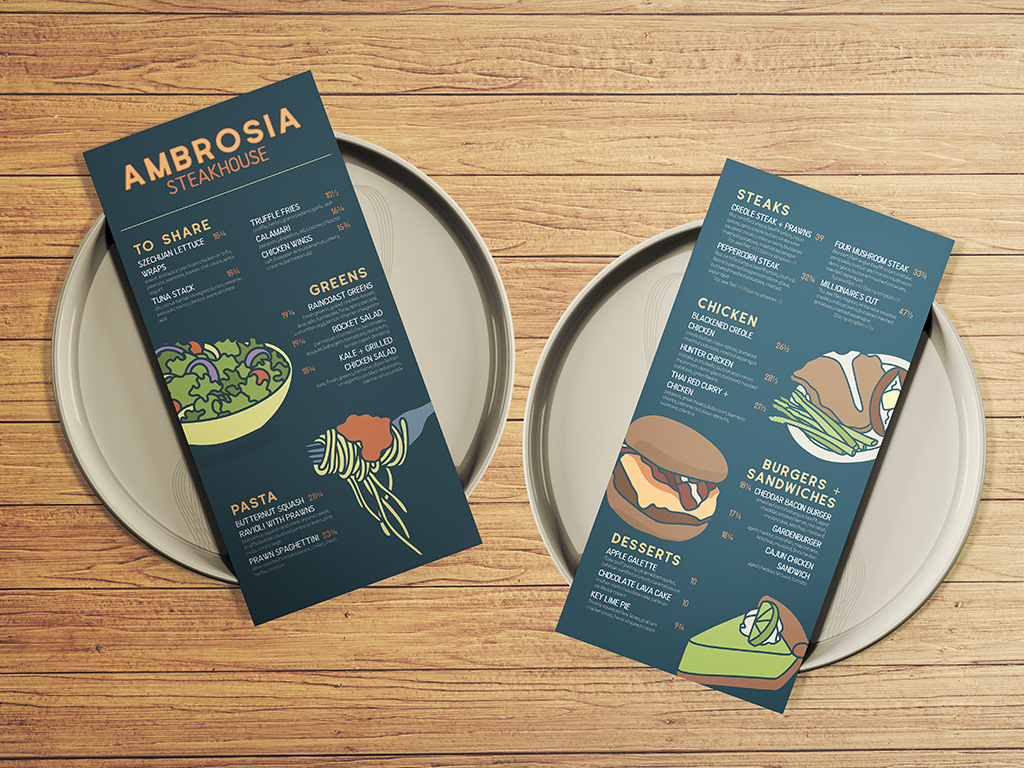 Ambrosia Steakhouse menu made by Tina Raposo, also known as Knight Owl Studios.