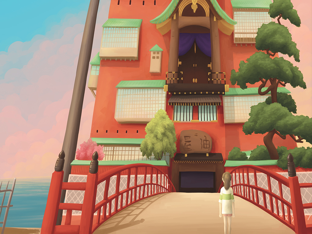 Digital illustration of the bathhouse from Spirited Away made by Tina Raposo, also known as Knight Owl Studios.
