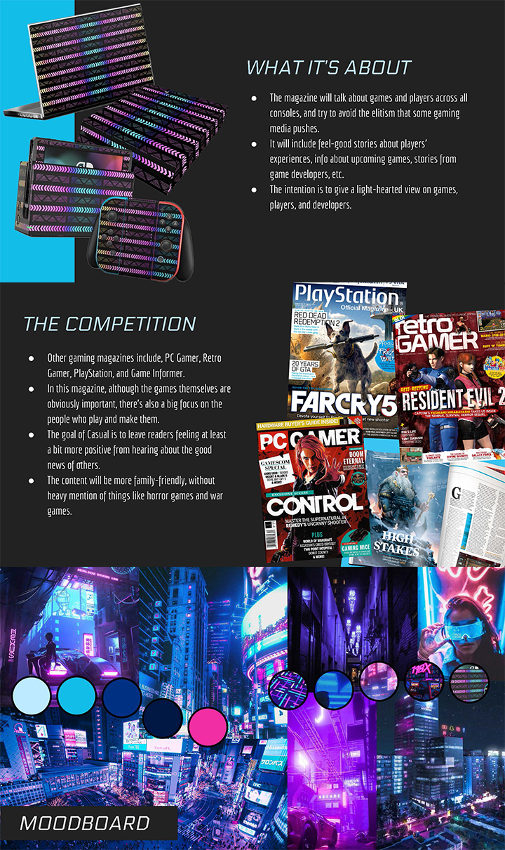 Original concept ideas for Casuals magazine, including the a summary of the topics, the competition, and a moodboard.