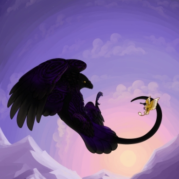 A large black and purple bird with a tiny yellow bird flying over a lavender sunset in the mountains
