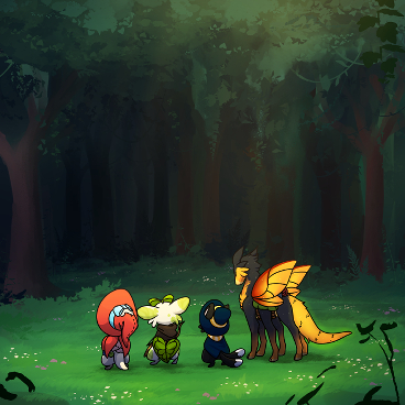 Four creatures standing together in a forest clearing, looking into the dark unknown of the trees