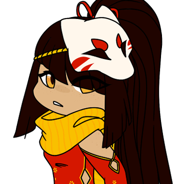 An assassin in red design, with kabuki fox mask